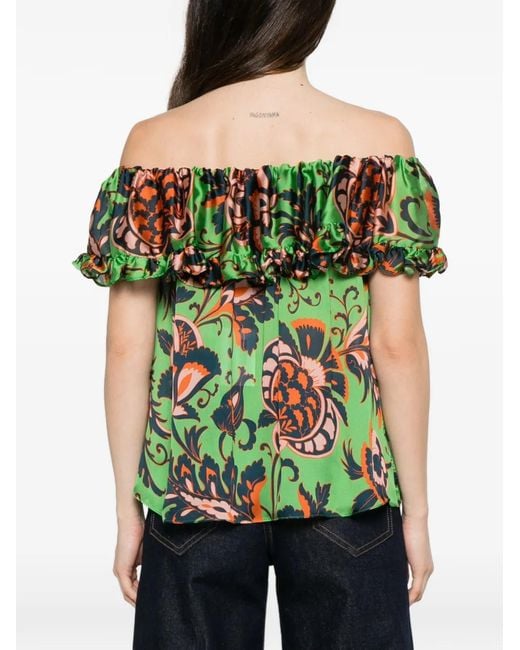 Etro Green Ruffled Floral-Print Blouse