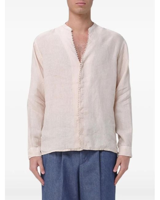 Emporio Armani White Crochet-Trim Linen Shirt for men
