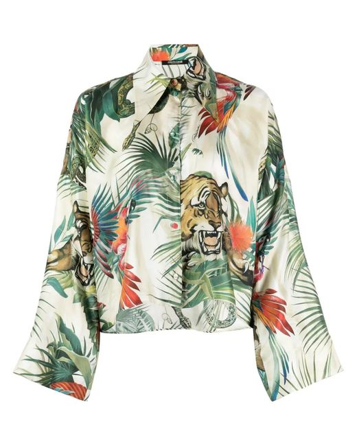Roberto Cavalli Green Graphic-Print Silk Shirt
