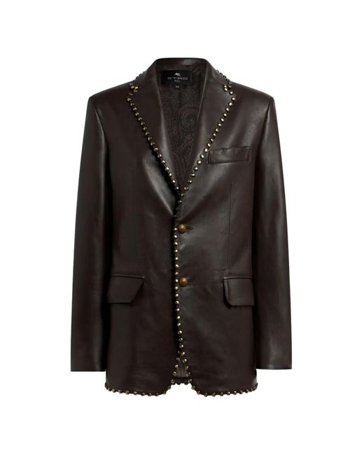 Etro Black Single-Breasted Leather Jacket With Studs