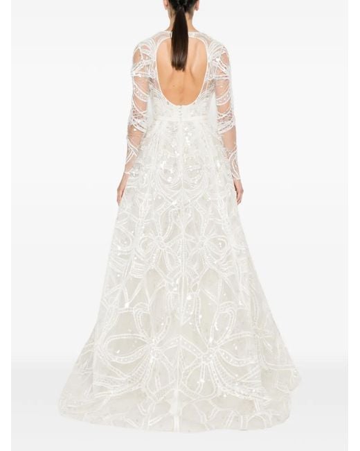 Elie Saab White Sequin-Embellished Lace-Overlay Maxi Dress