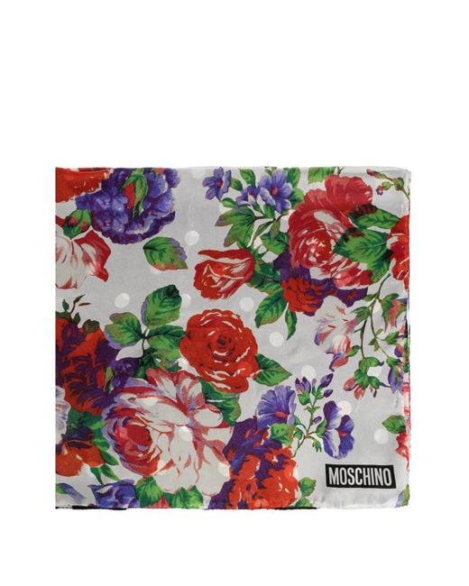 Moschino Gray Floral-Print Polka-Dot Scarf