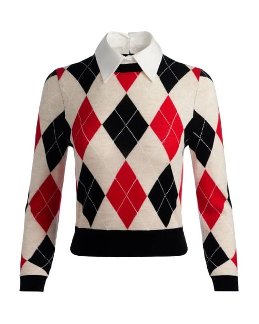 Alice + Olivia Red Argyle-Pattern Sweater
