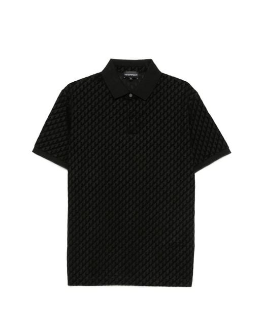 Emporio Armani Black Monogram-Pattern Short-Sleeve Polo Shirt for men