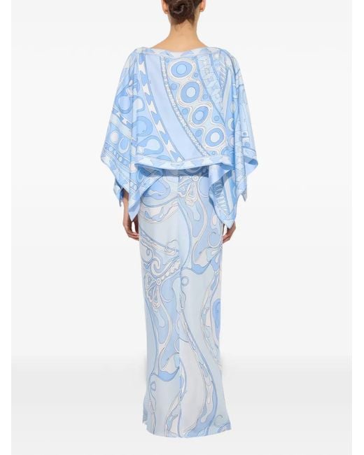Emilio Pucci Blue Orchidee And Soleil-Print Silk Dress With Cape