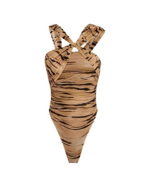Elisabetta Franchi Natural Jersey Bodysuit With Tiger Print