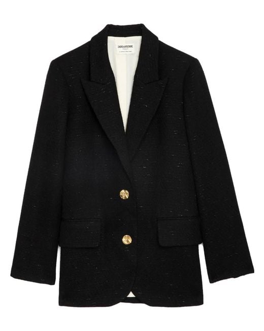 Zadig & Voltaire Black Single-Breasted Tweed Blazer