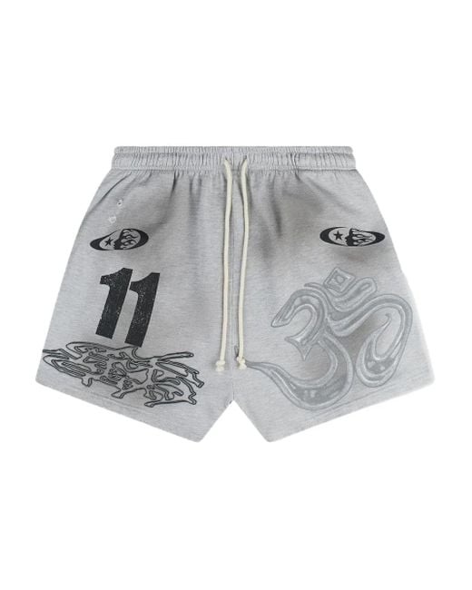 HELLSTAR Gray Yoga Flame Om-Print Track Shorts for men