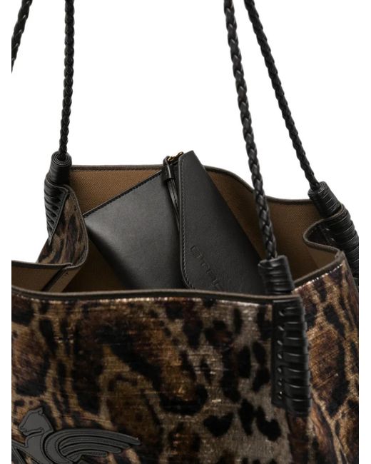 Etro Black Libra Leopard-Print Velvet Tote Bag