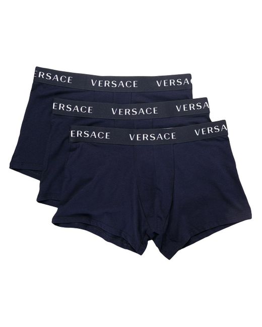 Versace Cotton Pack Of Three Logowaistband Boxer Shorts in Black for