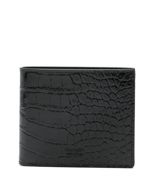Tom Ford Black Shiny Crocodile-Print Leather Bifold Wallet for men