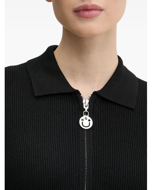 HUGO Black Ribbed Zip-Front Mini Dress