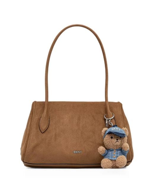 DKNY Brown Amelie Bear-Charm Suede Tote Bag