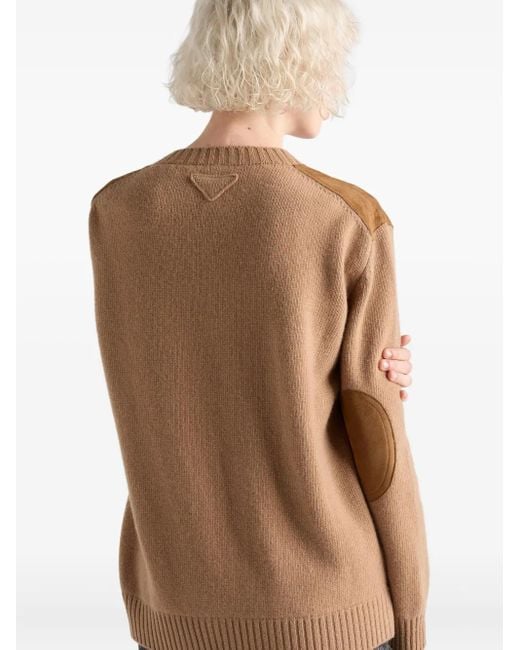 Prada Brown Suede-Panel V-Neck Sweater