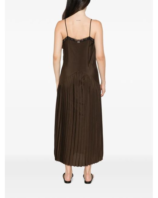 Twinset Brown Lace-Trim Pleated Midi Dress