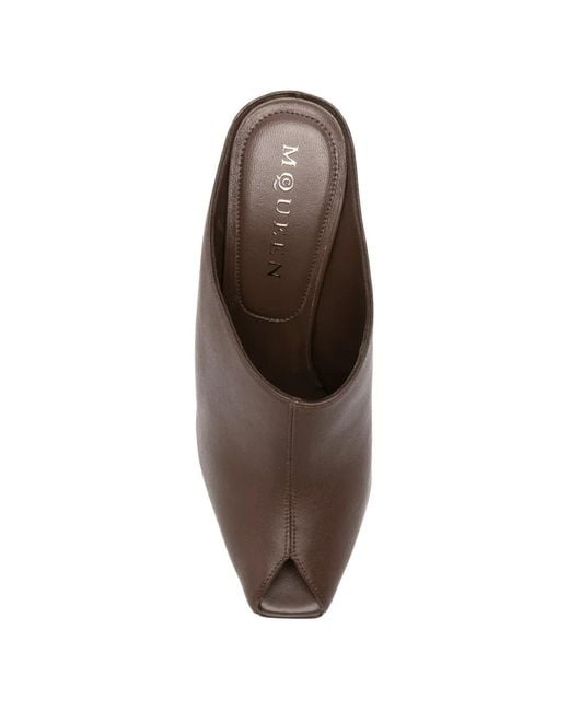 McQueen Brown Peep-Toe Leather Mules