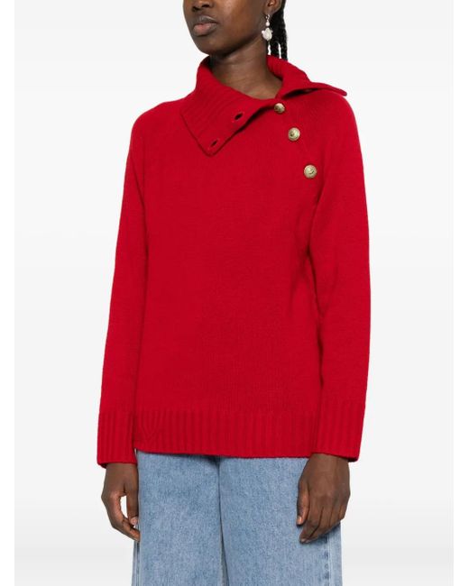 Zadig & Voltaire Red High-Neck Button-Detail Sweater