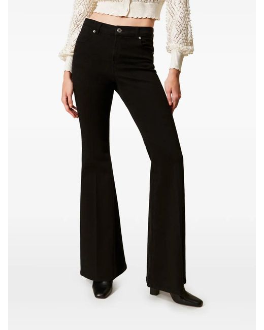 Twinset Black Cotton Bull Flared Trousers
