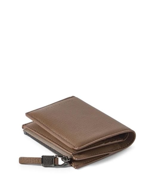 Brunello Cucinelli Brown Grained Calfskin Compact Wallet With Shiny Zipper Pull