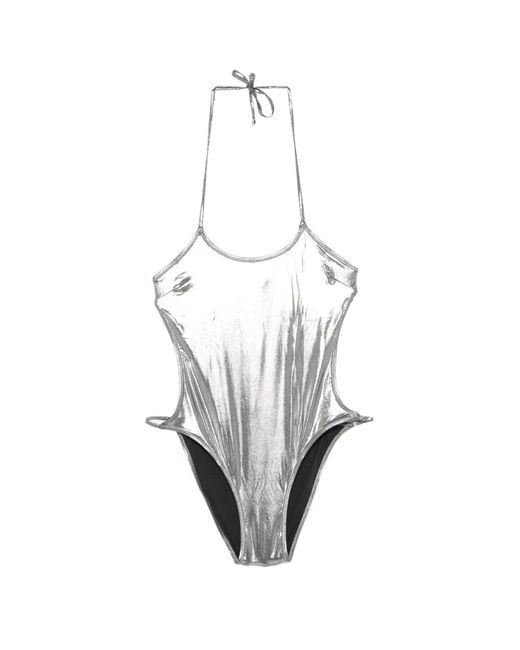 The Attico White Metallic-Effect Halterneck Swimsuit