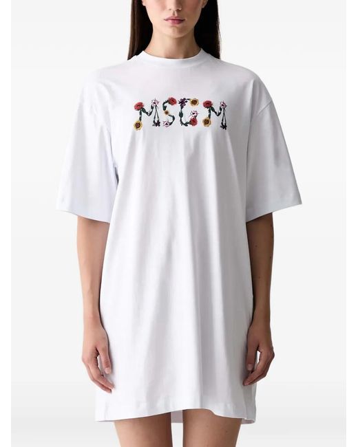 MSGM White Floral-Embroidered Mini Dress