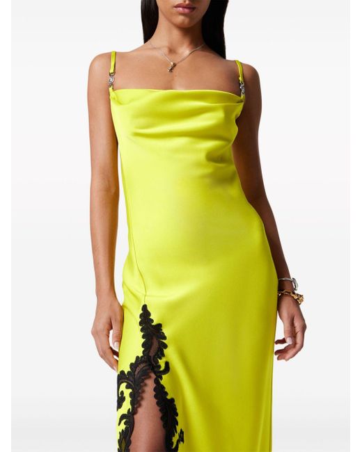 Versace Satijnen Midi-jurk Verfraaid Met Kant in het Yellow