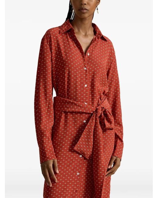 Polo Ralph Lauren Red Geometric-Print Belted Shirt Midi Dress