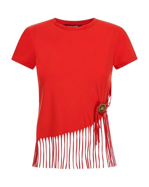 Roberto Cavalli Red Fringe-Detail Button T-Shirt