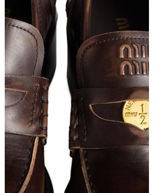 Miu Miu Brown 50Mm Leather Band Coin Loafers