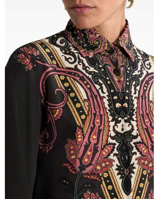 Etro Black Silk Shirt With Placed Floral Paisley Print