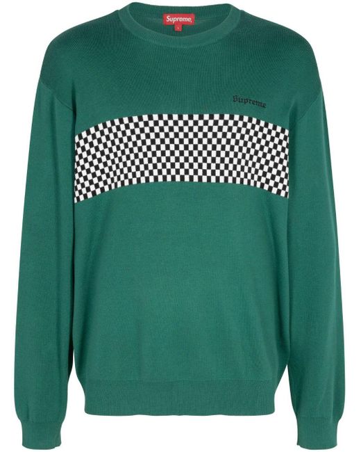 Supreme Green Checkered Panel Crew-neck Sweatshirt for men