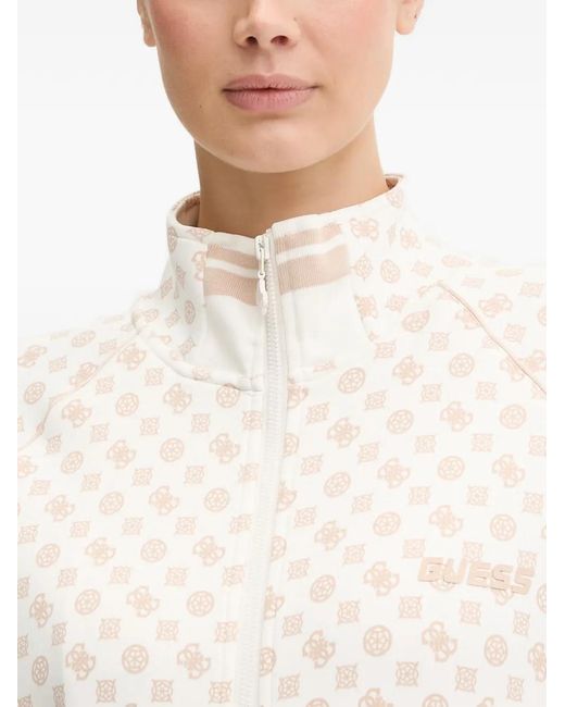 Guess White Monogram-Print Zip-Up Top
