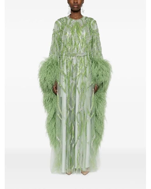 Dina Melwani Green Feather-Trim Crystal-Embellished Maxi Gown Dress