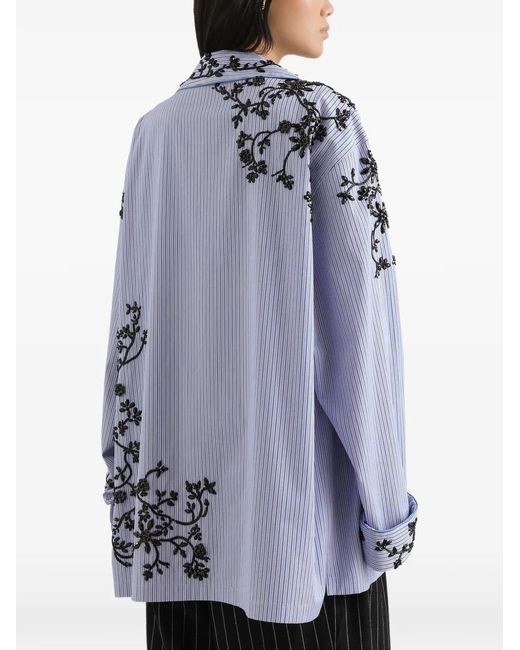 Dolce & Gabbana Blue Cotton Vanity Shirt With Flowers Embroidery