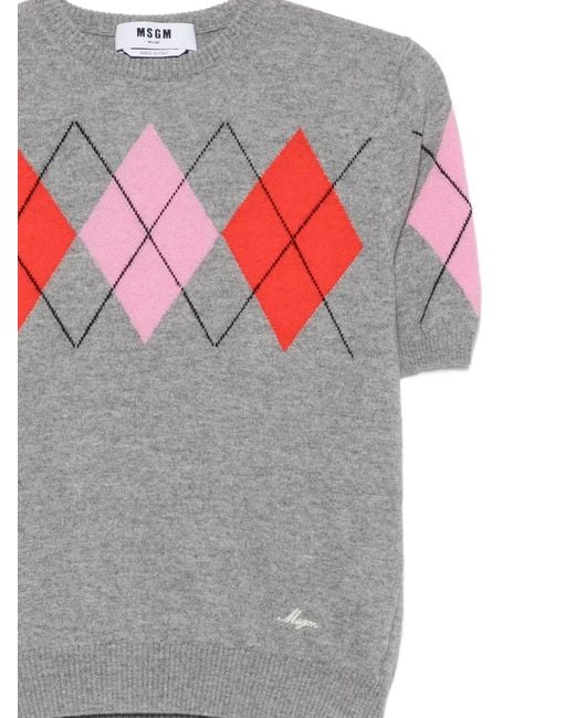MSGM Gray Argyle-Pattern Short-Sleeve T-Shirt