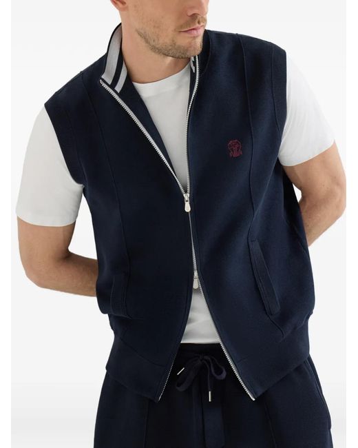 Brunello Cucinelli Blue Cotton And Silk French-Terry Double-Knit Vest With Logo for men