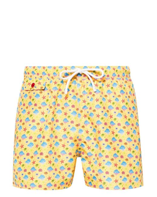 Kiton Yellow Fish-print Swim Shorts for men