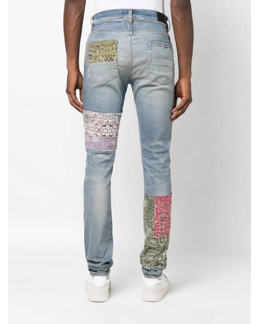 Amiri Blue Bandana Art Distressed Skinny Jeans for men