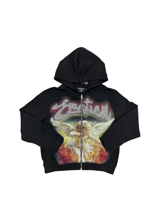 Mixed Emotions Black Hoodie Zippé À Imprimé Graphique Et Strass for men