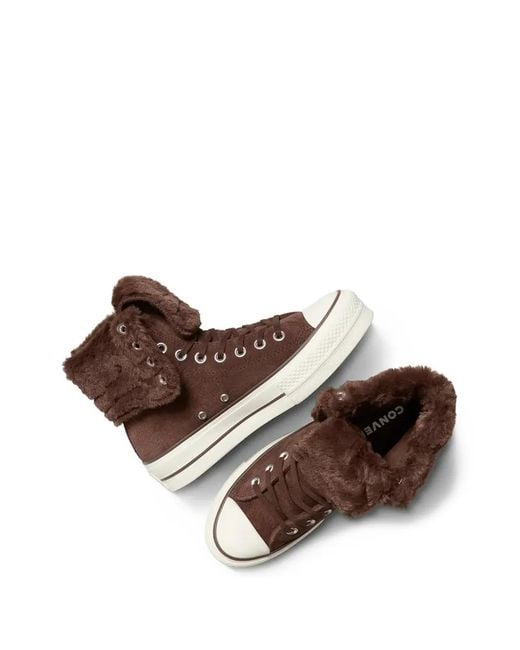 Converse Brown Chuck Taylor All Star Fold-Over Lift Platform Xhi Faux Fur Sneakers