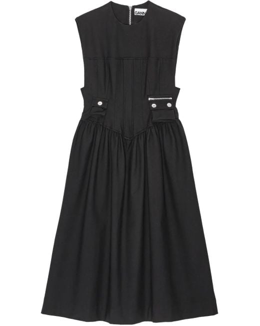 Ganni Geplooide Midi-Jurk in het Black