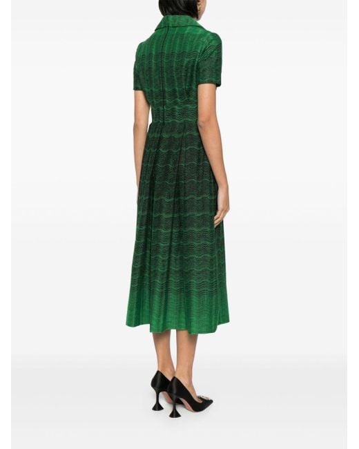 Elie Saab Green Wave-Embroidered Cotton Midi Dress