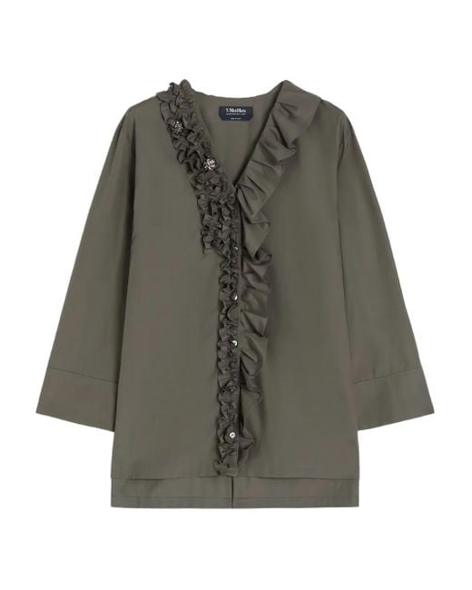 Max Mara Gray Ruffled V-Neck Blouse