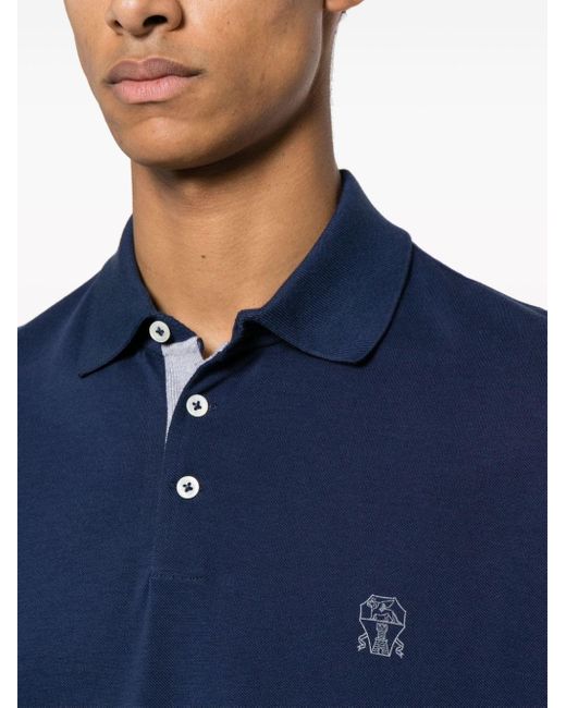 Brunello Cucinelli Blue Piqué Polo Shirt With Print for men