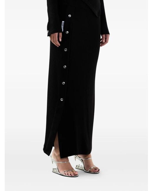 Gcds Black Button Ribbed Midi Skirt