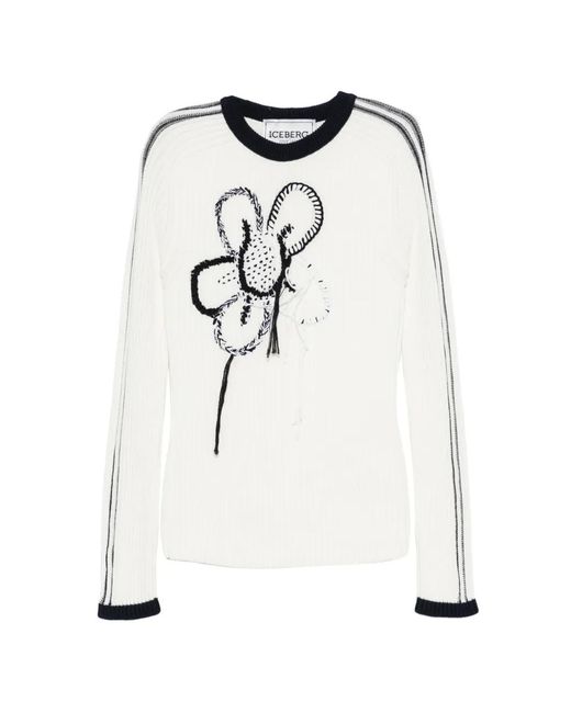 Iceberg White Floral-Embroidered Ribbed Sweater