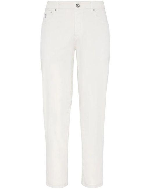 Brunello Cucinelli White Gabardine Cotton Trousers for men