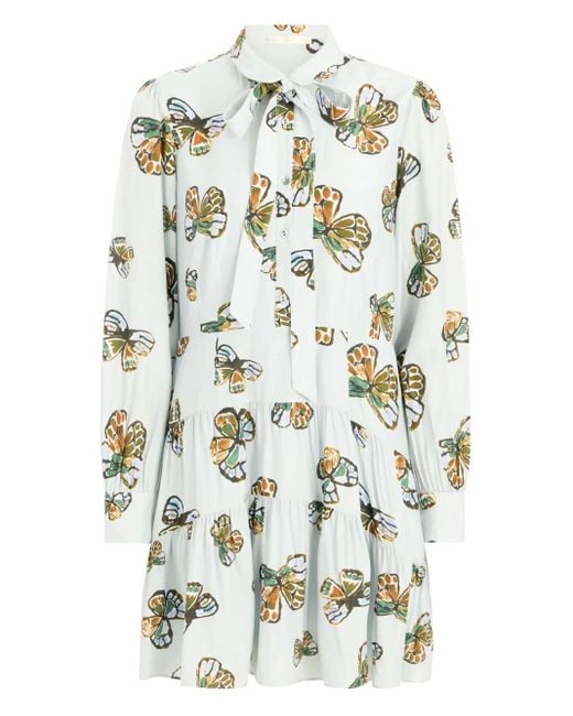 Marie Oliver Gray Gestuftes Ulanie Kleid mit Schmetterling-Print