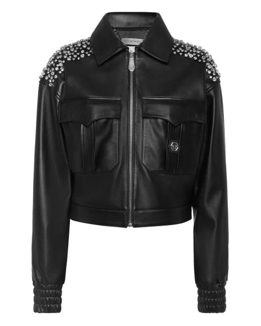 Philipp Plein Black Boxy Cargo Bomber Plein Deluxe Signature