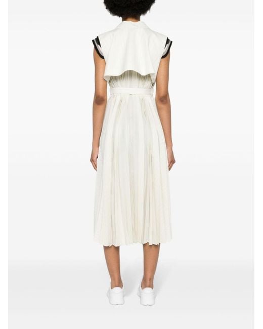Sacai White Pinstriped Deconstructed Belted Midi Dress
